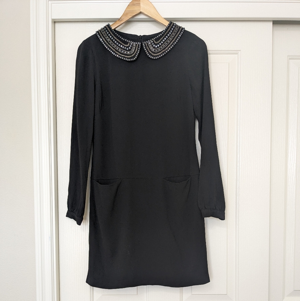 TRINA TURK Black Embellished Beaded Collar Long Sleeve Shift Dress Size 2